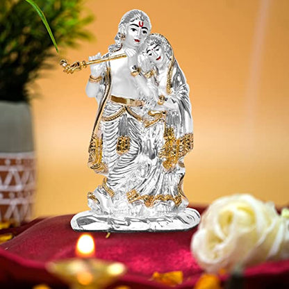 DIVINITI 999 Silver Plated Goddess Radha and Lord Krishna Statue Idol For Home Decor Showpiece, Table Top, Puja Room, Luxury Gift (11.4x6x4.7 CM)