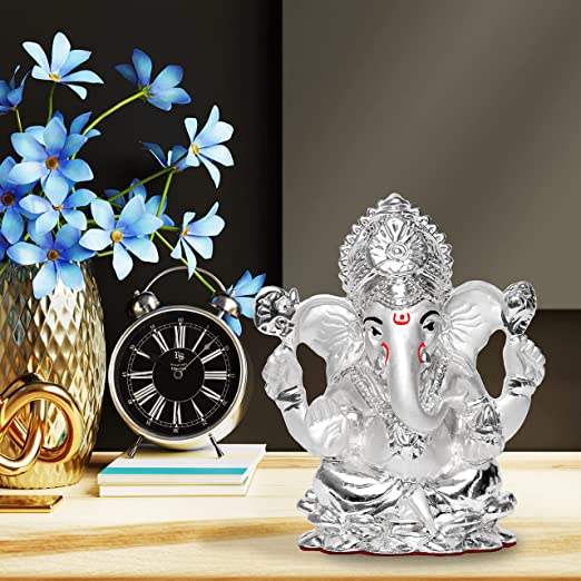 DIVINITI 999 Silver Plated Lord Ganesha Idol Statue For Home Decor, Workshop, Office, Luxury Gift (9.5x7.5 CM)