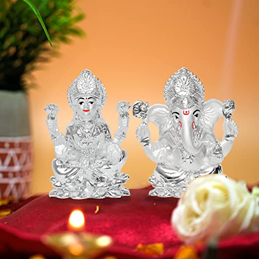 DIVINITI 999 Silver Plated Lakshmi Ganesha Idol For Home Decor, Worship, Festival Gift (9.5 X 6.5 CM)