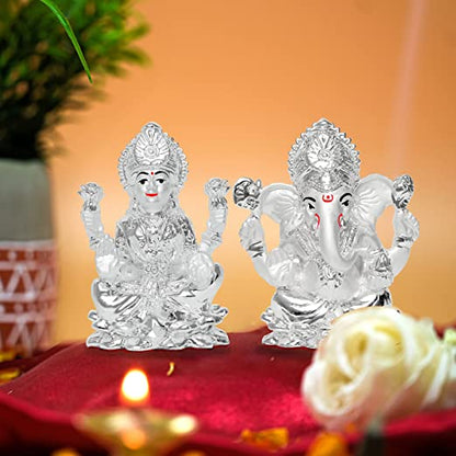 DIVINITI 999 Silver Plated Lakshmi Ganesha Idol For Home Decor, Worship, Festival Gift (9.5 X 6.5 CM)