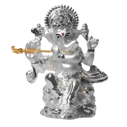 DIVINITI 999 Silver Plated Lord Ganesha With Flute Statue Idol For Home Decor Showpiece, Office, Prosperity, Luxury Gift  (3.4x8.5 CM)