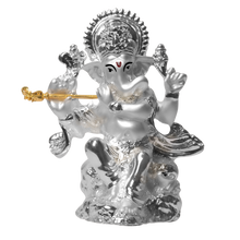 Load image into Gallery viewer, DIVINITI 999 Silver Plated Lord Ganesha With Flute Statue Idol For Home Decor Showpiece, Office, Prosperity, Luxury Gift  (3.4x8.5 CM)
