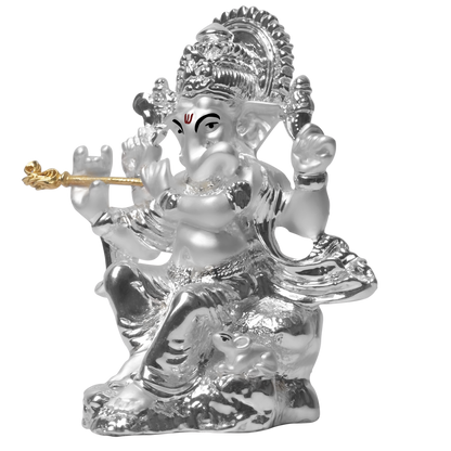 DIVINITI 999 Silver Plated Lord Ganesha With Flute Statue Idol For Home Decor Showpiece, Office, Prosperity, Luxury Gift  (3.4x8.5 CM)