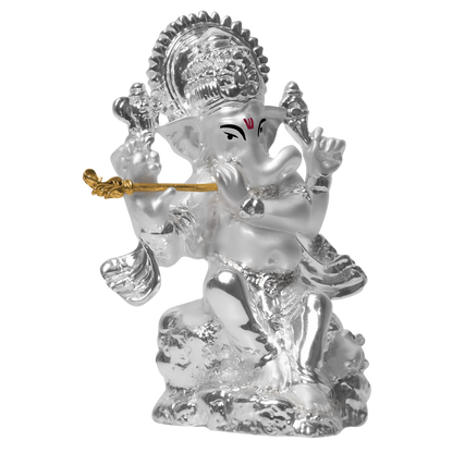 DIVINITI 999 Silver Plated Lord Ganesha With Flute Statue Idol For Home Decor Showpiece, Office, Prosperity, Luxury Gift  (3.4x8.5 CM)