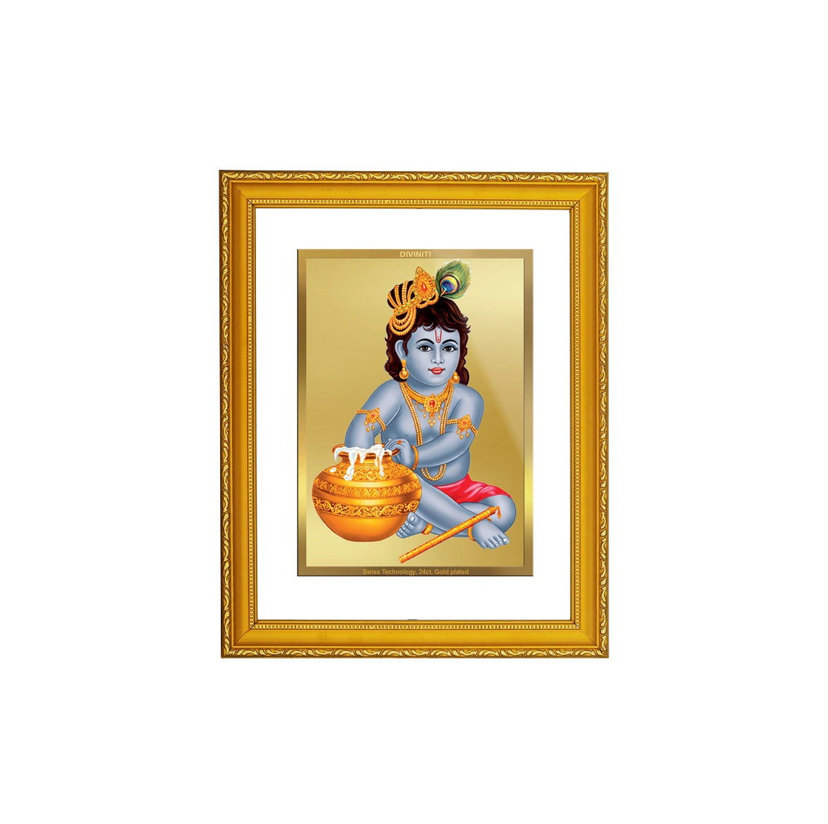 DIVINITI 24K Gold Plated Foil Bal Gopal Wooden Traditional Photo Frame Idol for Home Wall Decor, Prayer, Workshop, Luxurious Gift | DG101 Size 2 (22.6x18.4 CM)