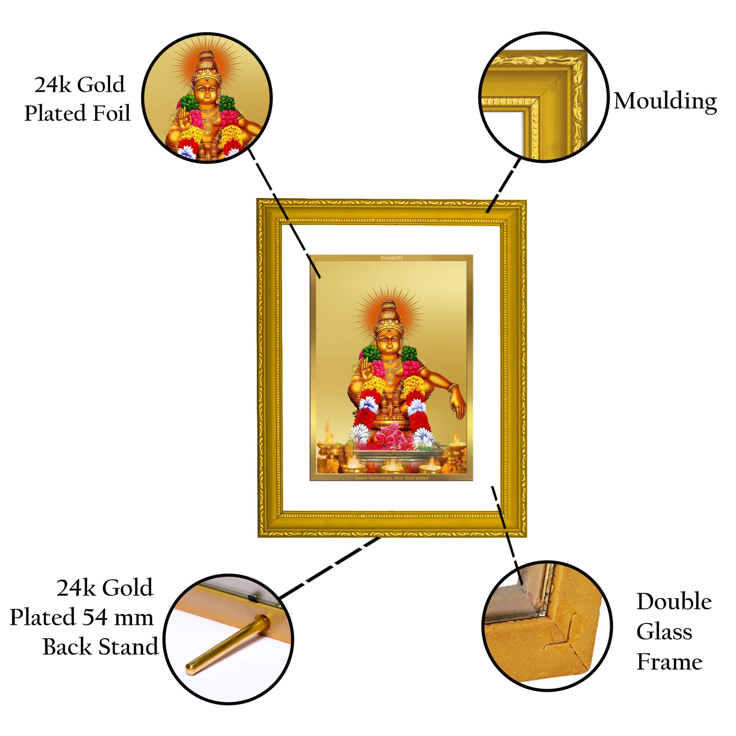 DIVINITI 24K Gold Plated Foil Ayyappan Ji Wooden Photo Frame Idol for Puja Room, Home Decor, Wall Hanging, Workshop, Gift | DG101 Size 2 (22.6x18.4 CM)