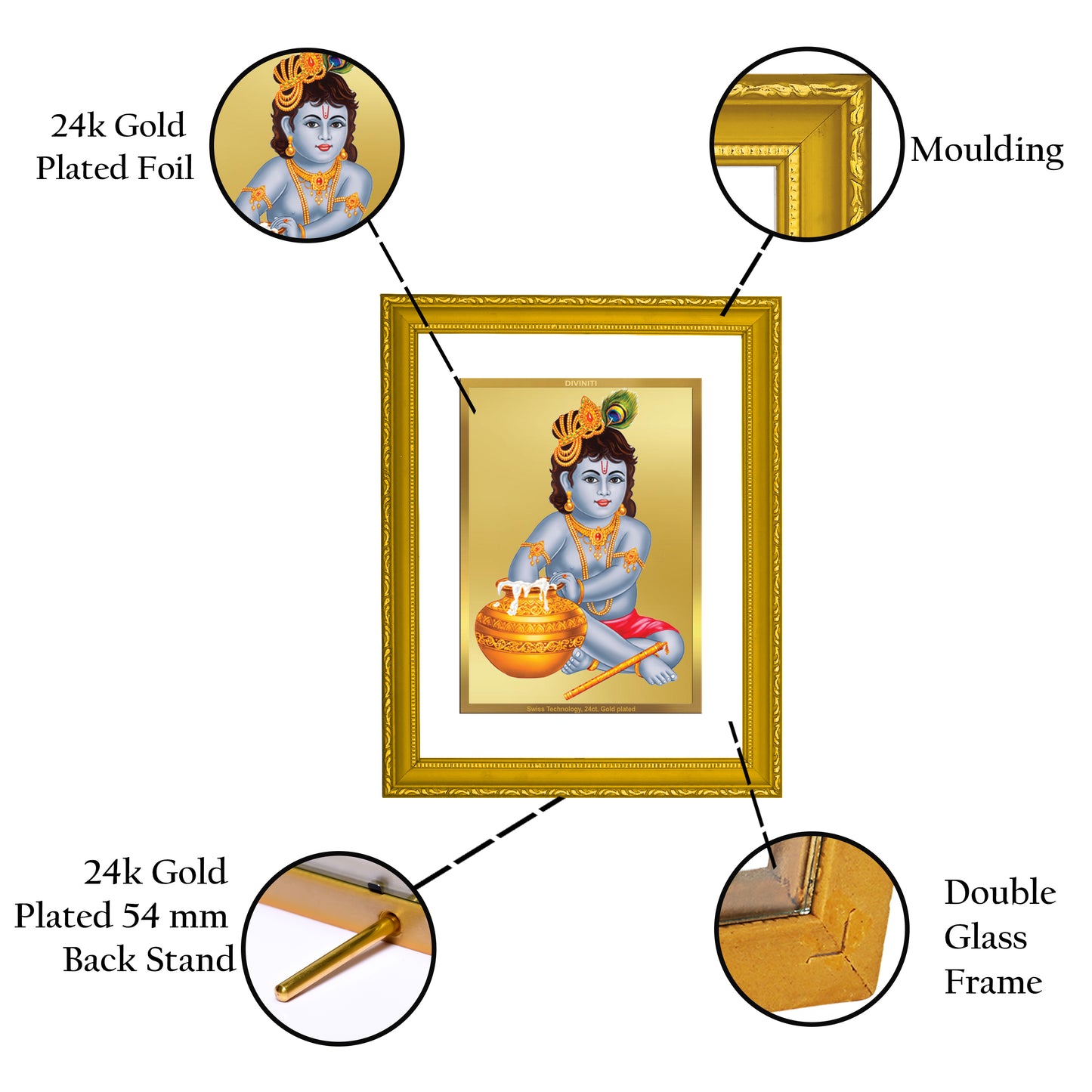 DIVINITI 24K Gold Plated Foil Bal Gopal Wooden Traditional Photo Frame Idol for Home Wall Decor, Prayer, Workshop, Luxurious Gift | DG101 Size 2 (22.6x18.4 CM)