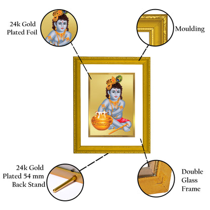 DIVINITI 24K Gold Plated Foil Bal Gopal Wooden Traditional Photo Frame Idol for Home Wall Decor, Prayer, Workshop, Luxurious Gift | DG101 Size 2 (22.6x18.4 CM)