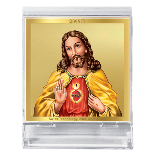 Diviniti 24K Gold Plated Jesus Acrylic Frame for Car Dashboard, Home Decor, Tabletop, Festival Gift ACF3A (5.8x4.8 CM)