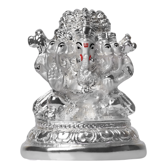 DIVINITI 999 Silver Plated Lord Panchmukhi Ganesha Idol Statue For Home Decor, Office, Temple, Table Deco, Puja Room, Gift (7x5x8.4 CM)