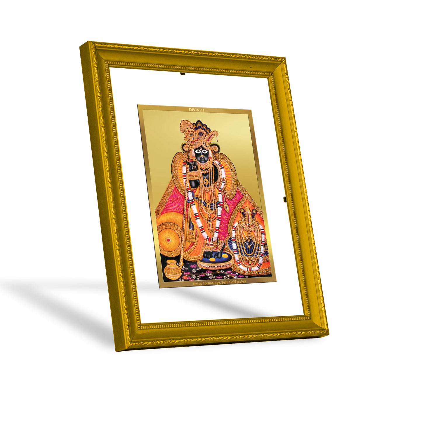 DIVINITI 24K Gold Plated Foil Bankey Bihari Wooden Stylish Photo Frame Idol for Wall Hanging, Home Decor, Prayer, Workshop, Gift | DG101 Size 2 (22.6x18.4 CM)