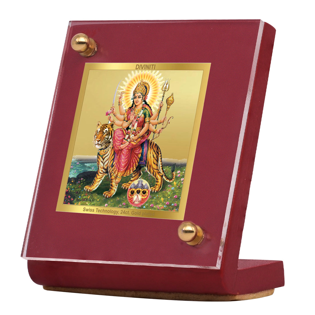 Diviniti 24K Gold Plated Durga Mata Frame For Car Dashboard, Home Decor, Puja, Festival Gift (MDF 1B) (5.5 x 6.5 CM)