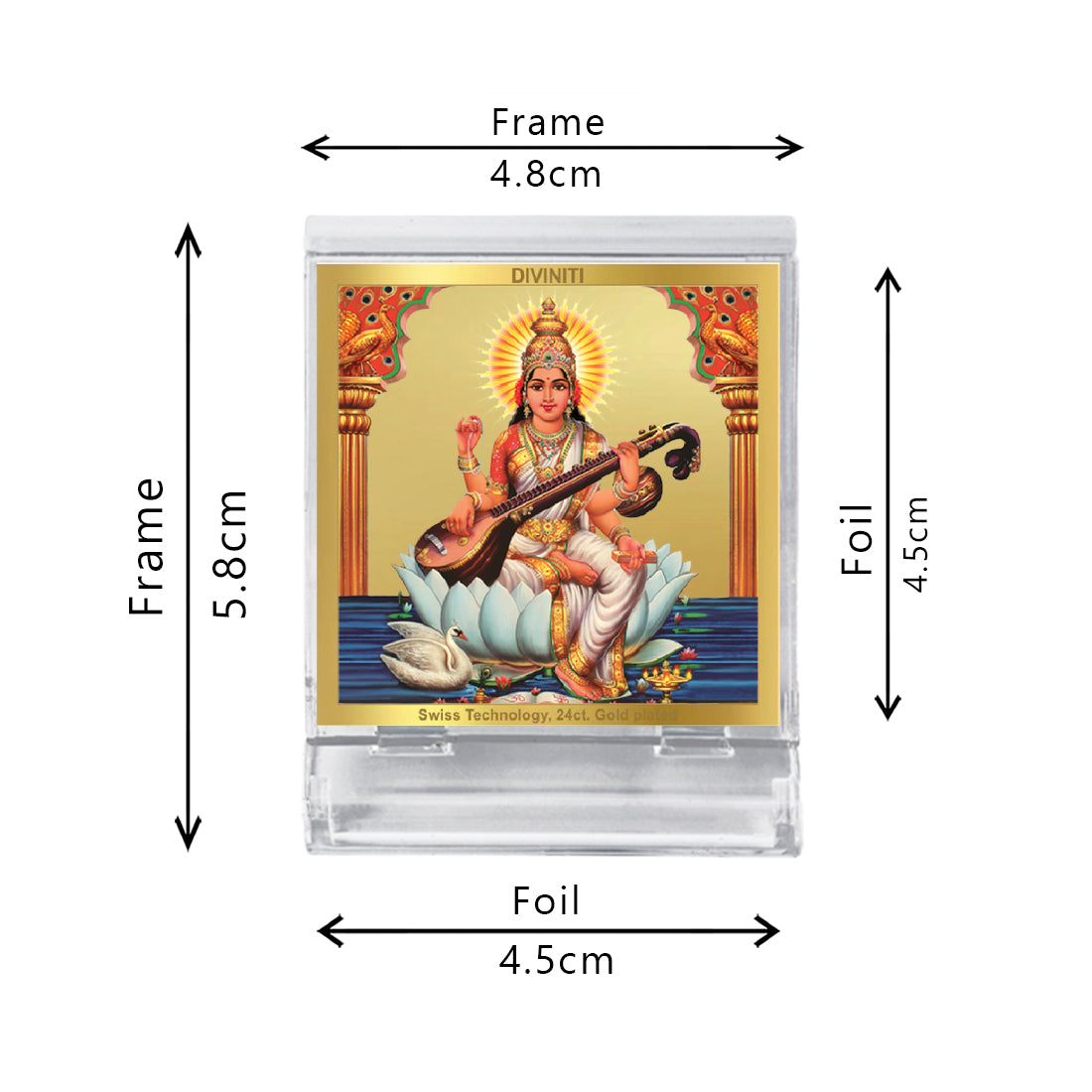 Diviniti 24K Gold Plated Saraswati Mata Acrylic Frame for Car Dashboard, Home Decor, Tabletop, Puja Room, Festival Gift ACF3A (5.8x4.8 CM)