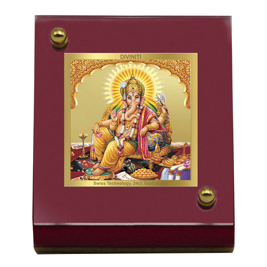 Diviniti 24K Gold Plated Foil Ganesha Frame For Car Dashboard, Home Decor, Puja, Festival Gift (5.5 x 6.5 CM)