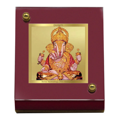 DIVINITI 24K Gold Plated Dagru Ganesha Frame For Car Dashboard & Home Decor Showpiece (MDF 1B)(5.5 x 6.5 CM)