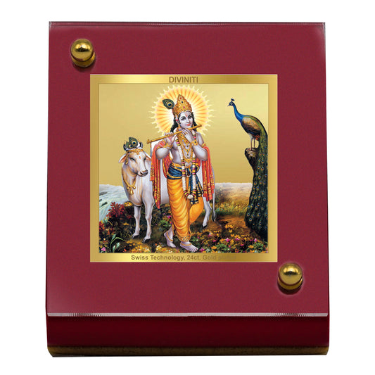 Diviniti 24K Gold Plated Krishna Ji Frame For Car Dashboard, Home Decor, Housewarming Gift (5.5 x 6.5 CM)