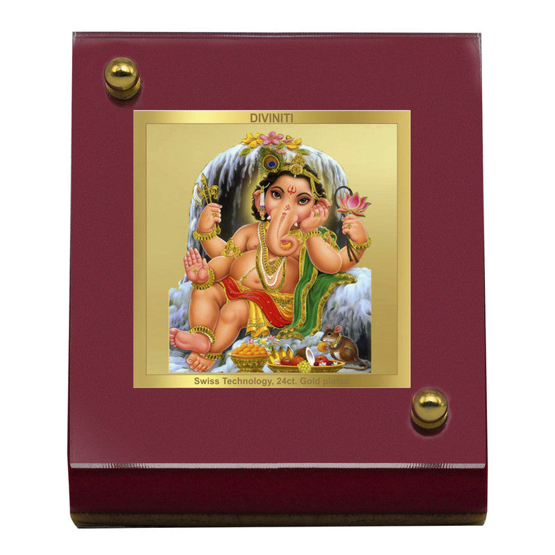 Diviniti 24K Gold Plated Bal Ganesha Frame For Car Dashboard, Home Decor, Table Top, Gift (5.5 x 6.5 CM)