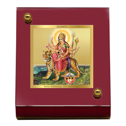 Diviniti 24K Gold Plated Durga Maa Frame For Car Dashboard, Home Decor, Table, Puja (5.5 x 6.5 CM)