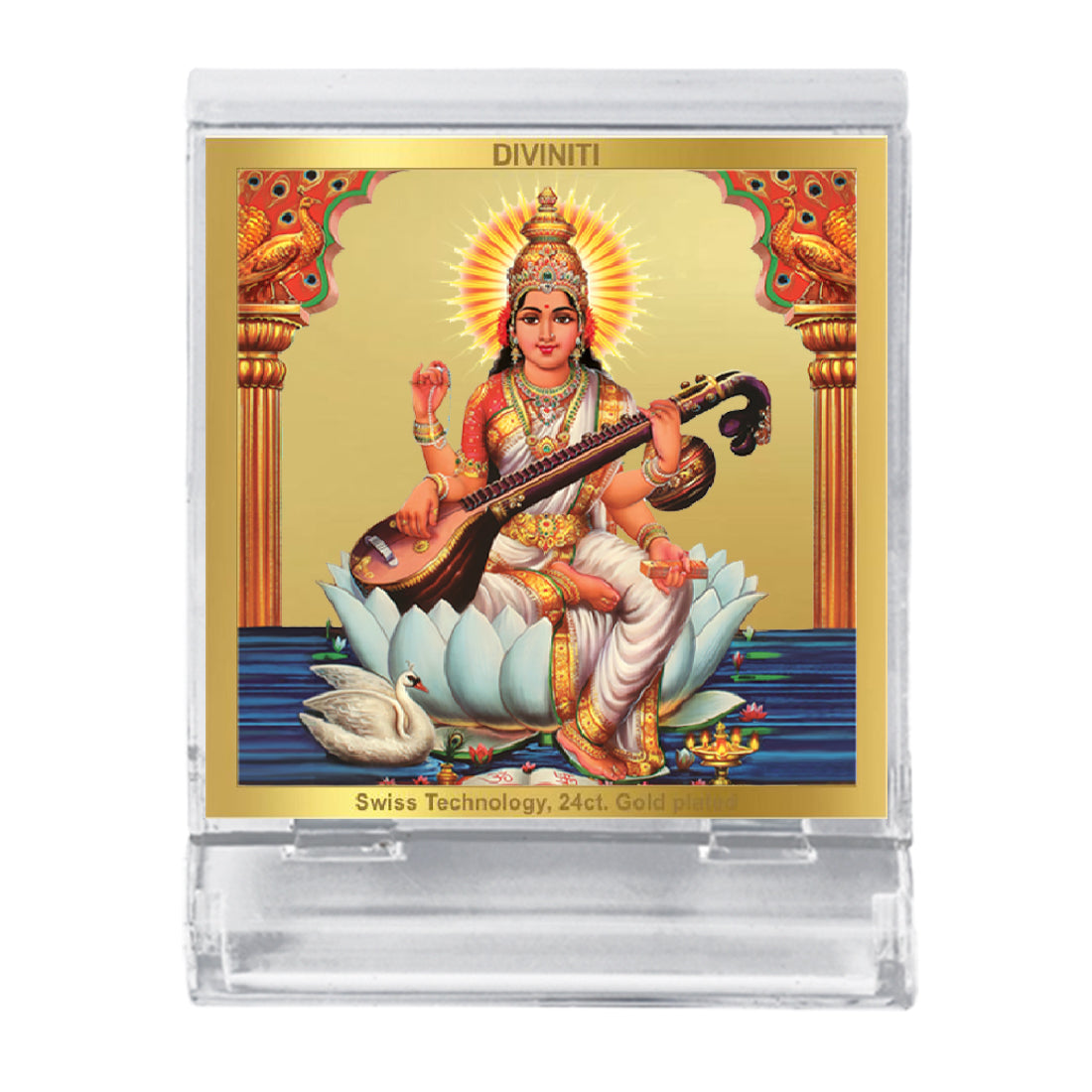 Diviniti 24K Gold Plated Saraswati Mata Acrylic Frame for Car Dashboard, Home Decor, Tabletop, Puja Room, Festival Gift ACF3A (5.8x4.8 CM)