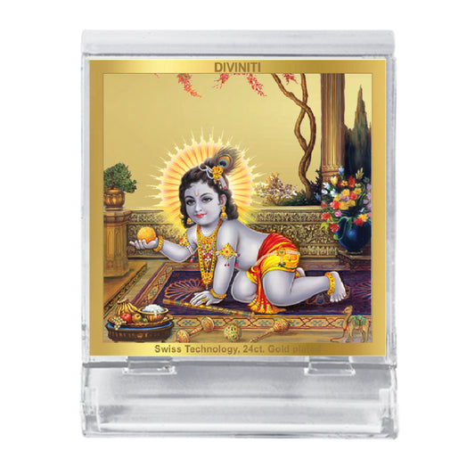 Diviniti 24K Gold Plated Laddu Gopal Acrylic Frame for Car Dashboard, Home Decor, Tabletop, Puja Room, Festival Gift ACF3A (5.8x4.8 CM)