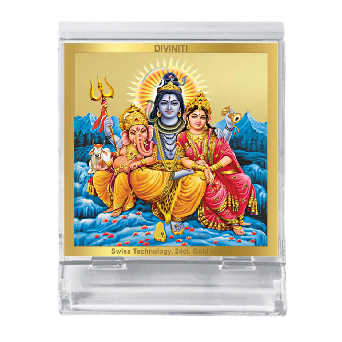 Diviniti 24K Gold Plated Shiv Parivar Acrylic Frame for Car Dashboard, Home Decor, Tabletop, Office Desk, Puja Room, Festival Gift ACF3A (5.8x4.8 CM)