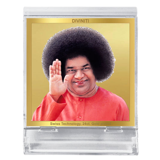 Diviniti 24K Gold Plated Sathya Sai Baba Acrylic Frame for Car Dashboard, Home Decor, Tabletop, Puja Room, Festival Gift ACF3A (5.8x4.8 CM)