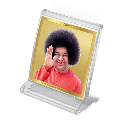 Diviniti 24K Gold Plated Sathya Sai Baba Acrylic Frame for Car Dashboard, Home Decor, Tabletop, Puja Room, Festival Gift ACF3A (5.8x4.8 CM)