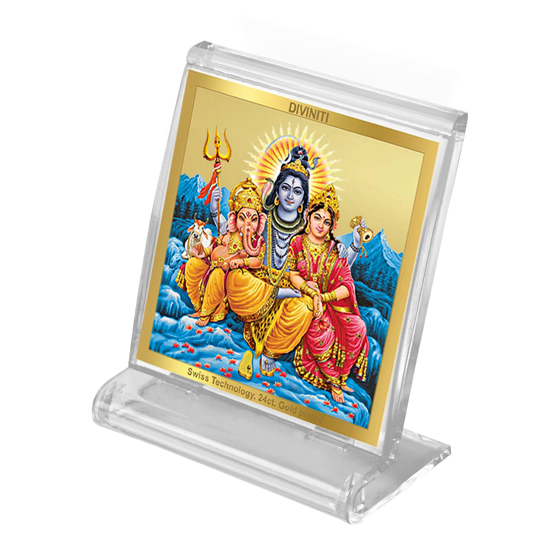 Diviniti 24K Gold Plated Shiv Parivar Acrylic Frame for Car Dashboard, Home Decor, Tabletop, Office Desk, Puja Room, Festival Gift ACF3A (5.8x4.8 CM)