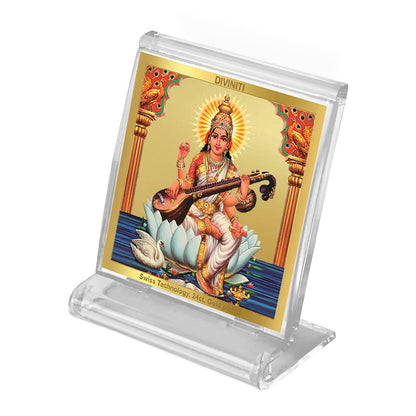 Diviniti 24K Gold Plated Saraswati Mata Acrylic Frame for Car Dashboard, Home Decor, Tabletop, Puja Room, Festival Gift ACF3A (5.8x4.8 CM)