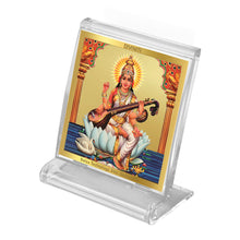 Load image into Gallery viewer, Diviniti 24K Gold Plated Goddess Saraswati Mata Frame For Car Dashboard, Home Decor, Tabletop, Gift, Puja Room (5.8 x 4.8 CM)
