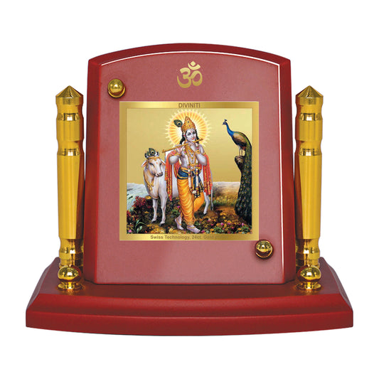 Diviniti 24K Gold Plated Krishna Ji Photo Frame for Car Dashboard, Home Decor, Tabletop, Puja Room, Showpiece and Gift  MDF1BP+ (6.5x5.5 CM)